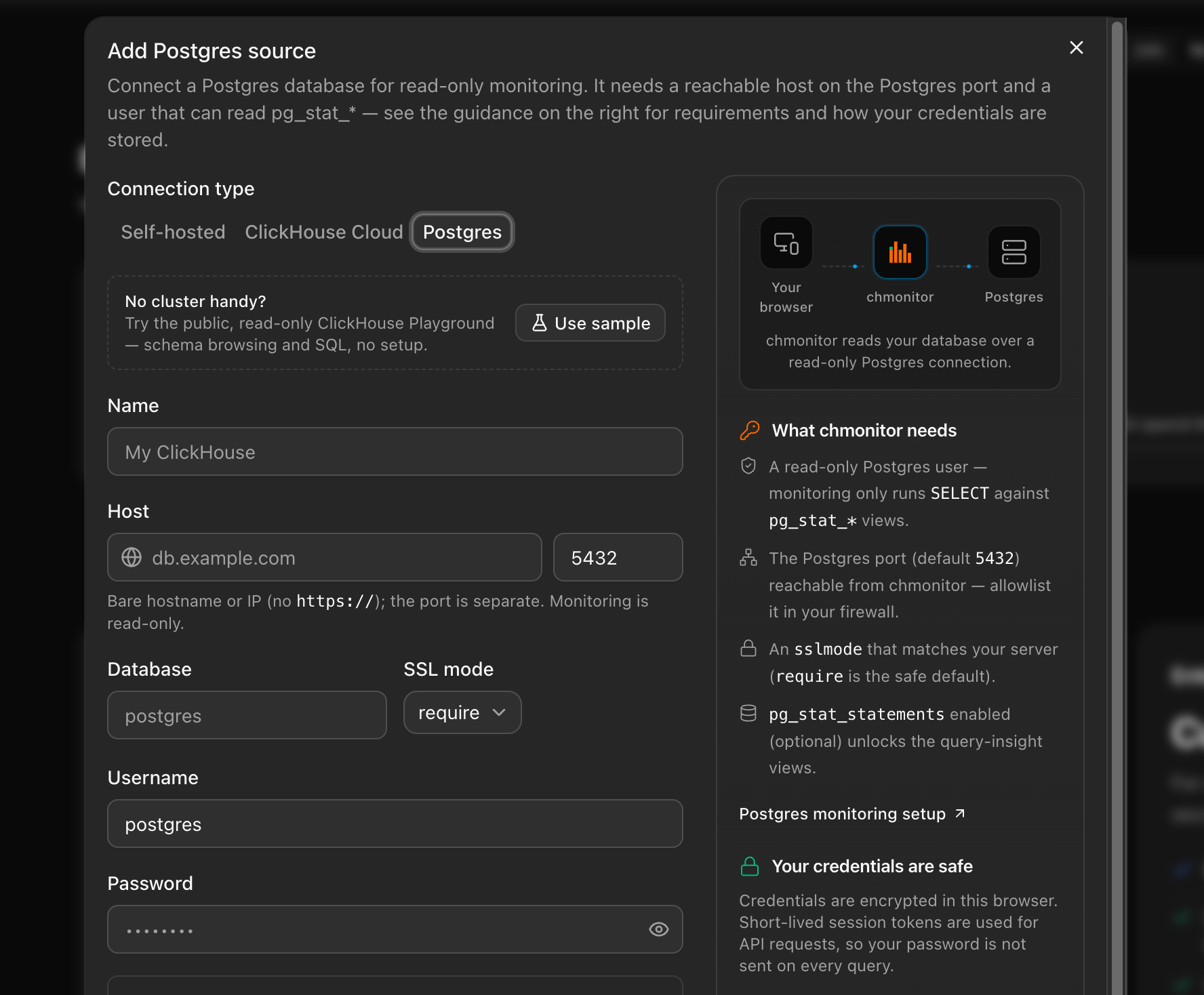 Add Postgres source dialog: read-only connection with pg_stat_* requirements
